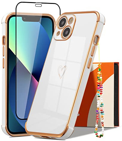 ZTOFERA Compatible with iPhone 13 Case with [Wrist Strap] [Tempered Glass Screen Protector] for Girls Women, Flexible Silicone Heart Phone Case with Gold Trim Shockproof Cover for iPhone 13, White