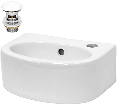 ECD Germany Waschbecken Keramik Weiß 355x255x130 mm, Hahnloch rechts, inkl. Ablaufgarnitur, Abgerundete Aufsatzbecken Aufsatzwaschbecken Aufsatzwaschtisch Badezimmer Waschtisch Waschschale Waschplatz