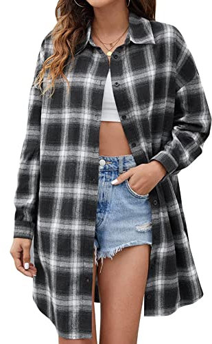 Yming Frauen Mode Langarm Mitte-Länge Jacke Taste Plaid Shirt Tops Schwarz Plaid XS