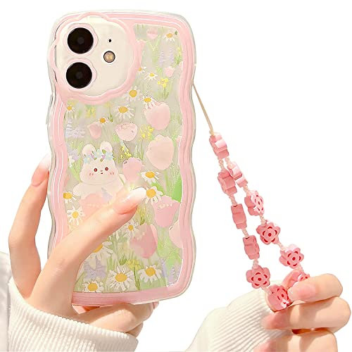 NITITOP Compatible for iPhone 12 Case with Heart Beaded Lanyard Wrist Strap for Women Cute Clear Cartoon Floral Rabbit Girly, Soft TPU Full Protective - Flower Rabbit
