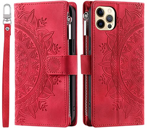 VEEMOS Wallet Case for iPhone 12 Pro Max Flower Flip Case Protective Leather Folio Book Phone Cover with Card Slots Kickstand Zipper Pocket - Red