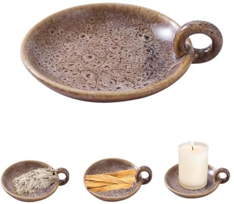 1pack Vintage Ceramic Candle Holders with Handle, Round Farmhouse Ceramic Plate Tray,Sage Holder for Burning,Incense Holder for Meditation Room Home Decor (Khaki)
