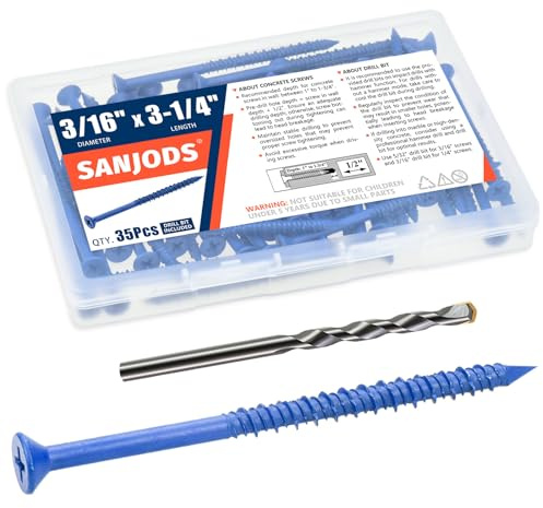 SANJODS Viti di ancoraggio a testa piatta per calcestruzzo, 3/16 x 3-1/4, colore blu, per ancoraggio a muratura, mattoni, blocchi, cemento o stucco (confezione da 35)