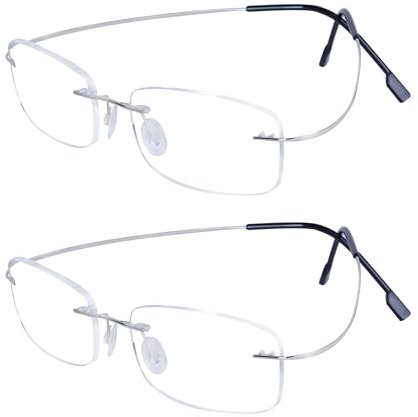 JoXiGo 2Pack Rimless Reading Glasses Super Lightweight Flexible Frame + Glasses Strap,Silver+1.5