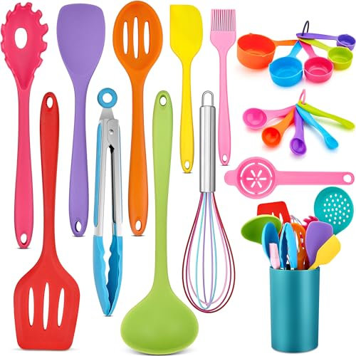 HaWare Küchenhelfer, 21 Stück Silikon Küchenutensilien Kochbesteck Set, Hitzebeständig Kochutensilien Kochgeschirr mit Utensilienhalter, Antihaft Küchenset für Kochen Backen, Spülmashinenfest - Bunt
