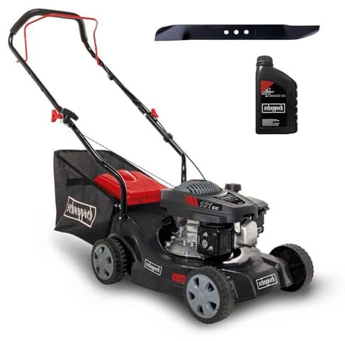 Scheppach Tondeuse à Gazon à Essence MP132-40 - Largeur de Coupe 40 cm - 3,3 CV / 2,4kW - Hauteur de Coupe réglable sur 3 Positions - Bac de ramassage de 35 L - Convient jusqu'à 600 m²