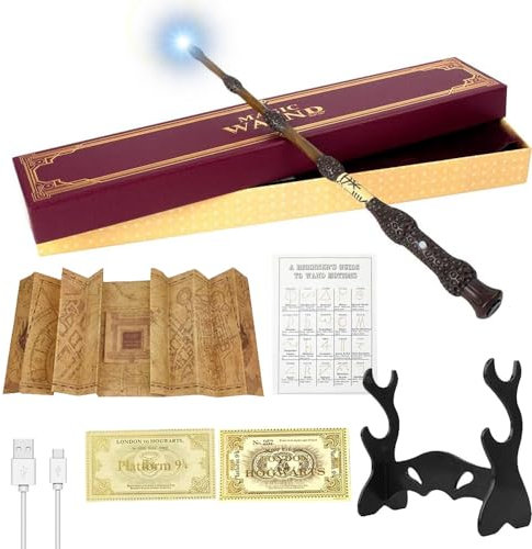CJBIN Baguette Dumbledore Lumineuse, Baguette de Sureau avec Chargement USB, Baguette de Sureau Harry Potter dans Un Coffret Cadeau avec Carte de Sort, Ticket de Gare, Plan et Support de Baguette