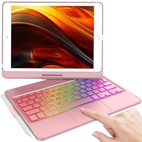 KBCASE Funda Teclado iPad 9a generación con Trackpad, Funda Rotación de 360° con Bluetooth Inalámbrico Español Ñ Teclado para iPad 10.2 9a/ 8a/ 7a Gen,7 Colores Retroiluminada,Rosa