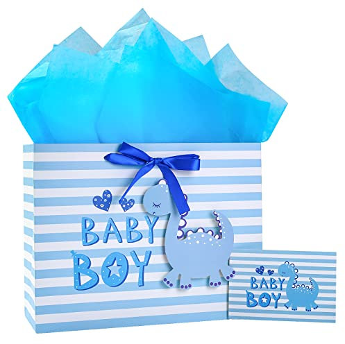 Loveinside Baby-Geschenktüte für Jungen, blaues Dinosaurier-Design, mit Seidenpapier und Grußkarte für Babyparty, frischgebackene Eltern und mehr – 33 x 25,4 x 12,7 cm, 1 Stück