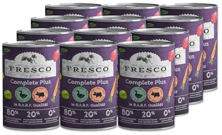 Fresco Complete Plus 12 x 400g Ente mit Rind (haltbares B.A.R.F.) | Vorteilspaket | Nassfutter für Hunde | getreidefrei | ohne künstliche Zusätze | natürliches und gesundes Hundefutter