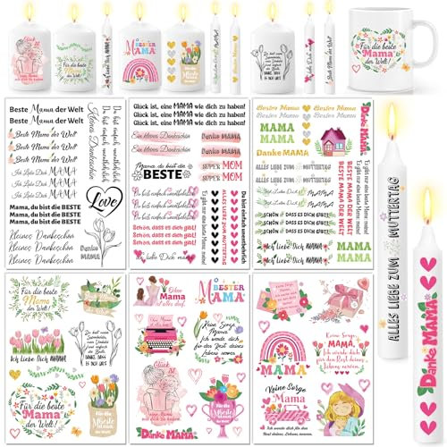DPKOW 6 Blatt Beste Mama Kerzentattoos, Mama Wasserschiebefolie Kerzen, Muttertag Kerzen Tattoo Folie Beste Mama der Welt, Muttertag kerzensticker Geburtstag Mama Geschenk, DIY Kerzen Deko mit Spruch