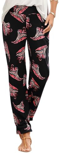 Summer Boho Trousers for Women UK, 2024 Beach Trousers Drawstring Elasticated Waist Lounge Trousers Vintage Floral Print Linen Trousers Baggy Women's Harem Hippie Pants with Pockets (Red, XXL)