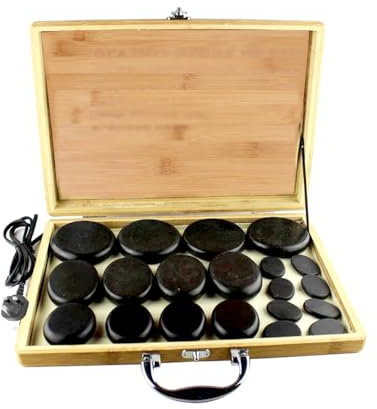 Electric Hot Stone Massage Set, Basalt Massage Stones with Bamboo Box Heater, Professional Home Massage Accessories,Essential Set 20Pcs