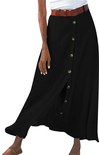 EFOFEI Damen Baumwolle Leinen Plissee Schlitz Rock Sommer Plissee Bedruckter Rock Boho Swing A-Linie Rock Schwarz M