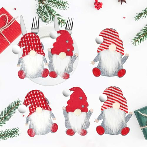 Deepton 6 Pcs Christmas Cutlery Holders - 3 Styles Of Christmas Decorations, Gnome Cutlery Bags for Holiday Party Supplies