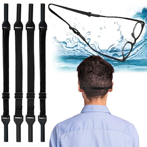VZXQX 4 Stück Brillenbänder Sport, Verstellbar, Schwimmfähig, Anti Rutsch, Kein Schwanz, für Herren, Damen & Kinder, Sonnenbrillen, Lesebrillen & mehr, Schwarz, Modern, Polyester, Silikon, Kunststoff