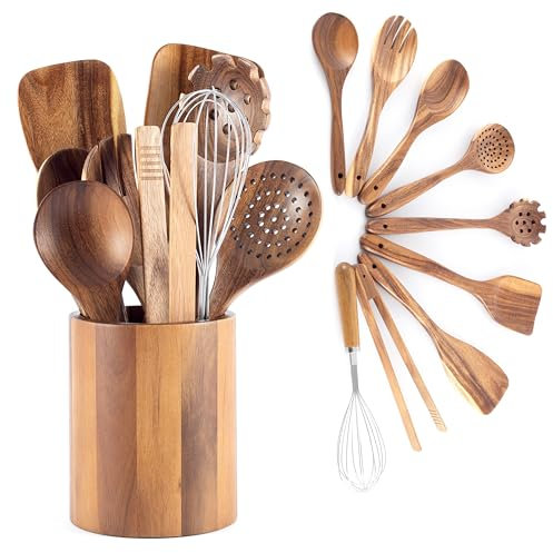 Hanseküche Juego de utensilios de cocina de madera, pinzas para barbacoa, batidor, espátula, cuchara de madera y cucharón de pasta (9 unidades)