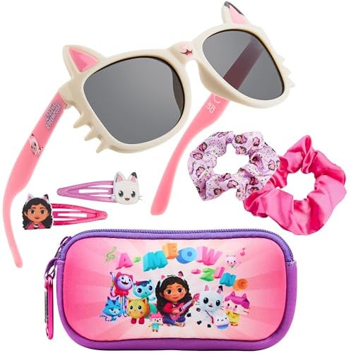 Get Trend Gabbys Dollhouse Sonnenbrille Kinder Haarschmuck Set und Tasche UV Schutz Brille Haarspangen Geschenke für Mädchen (Rosa Gabby’s Dollhouse)