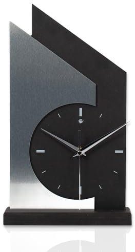 Kreative Feder Standuhr „Skyscraper“ aus Holz – Schwarze Tisch-Uhr mit silberfarbener Applikation aus gebürstetem Aluminium; Größe ca. 34,5x20x5cm (Applikation Alu Silber, leises Quarzuhrwerk)