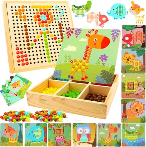 Giaonlgy Mosaik Steckspiel Kinder, Holz Farbe Steckspiel Mosaik Pegboard Gabelungen, Montessori Mosaik Steckspiel für 3 4 5 6 7 Kinder, Geschenke für Jungen & Mädchen (Wald)