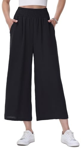 HMIYA Damen 3/4 Culotte Hose Leichte und Luftig Sommerhose Weites Bein Stoffhose,Schwarze,M