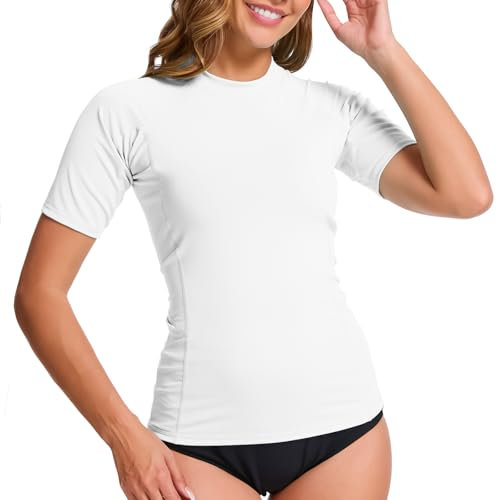 MEETWEE Women's Surf Rash Guard Sun Protection Swimsuit UV Protection Shirt UPF 50+ Short-Sleeve Swim Top Quick-Drying Swimming Sun Protection Shirt for Water Sports White