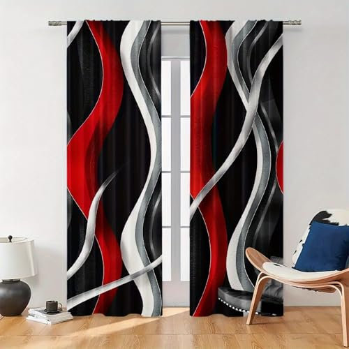 Verdunkelungsvorhänge mit geometrischen Spiralmuster – Rot, Grau und Schwarz, Stangentaschen-Design, maschinenwaschbar, für Schlafzimmer, Wohnzimmerdekoration 118(W) x(H) 229cmx2pcs