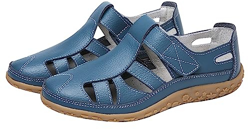 Closed Toe Leather Sandals Women UK Sale Clearance, Ladies Outdoor Walking Sandals Casual Hollow Out Summer Shoes Fashion Holiday Beach Easy Fasten Flat Sandals Footwear Size 3-7