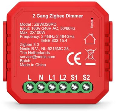 Nedis ZBWD20RD SmartLife Power Switch Zigbee 3.0-2x100 W-Terminal Anschluß-App erhältlich für: Android/IOS, 200 W, Red, 17.00