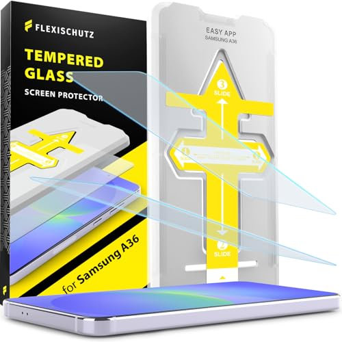 FlexiSchutz® Schutzglas für Samsung Galaxy A36 5G Schutzfolie, Screen Protector, Glas Displayschutzfolie mit Praktischer Installationshilfe, Displayschutz, Glas Folie mit Schablone [2 Stück]