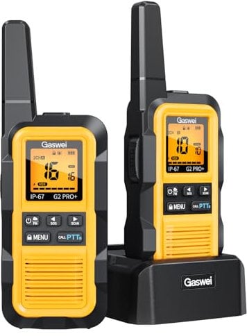 Gaswei G2Pro Professionelle Walkie-Talkies für Erwachsene [IP67 wasserdicht & schwimmfähig] Langstrecken-Funkgerät mit Doppel-PTT, VOX,SOS-Wetteralarm,FM-Radio + Akku für Outdoor, (2er-Set in Gelb)