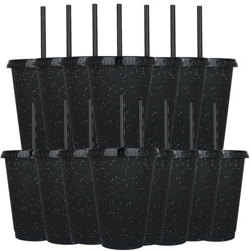 Yisituo Kinderbecher mit Deckel und Strohhalm, 15 Stück Plastikbecher, Trinkbecher Kinder für Partys, Camping, Travel (15, Schwarz)