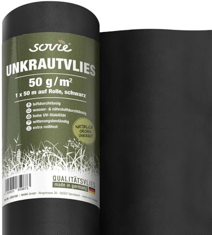 Rollo de fieltro para jardín en color negro, de polipropileno, 50 g/m², 1 m x 50 m, 1 pieza – Fieltro para malas hierbas