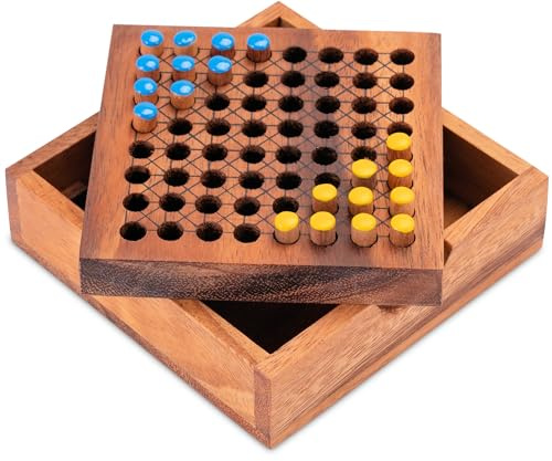 LOGOPLAY Halma Reisespiel – Blau Gelb klassisches Strategiespiel im Mini-Holzkasten für 2 Spieler