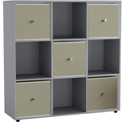 URBNLIVING 9 Cube Storage Unit with 5 Foldable Fabric Drawers, Wooden Freestanding Bookcase Shelf Organiser, Modern Cube Shelving for Bedroom, Office, Living Room, Toys, Clothes & Books