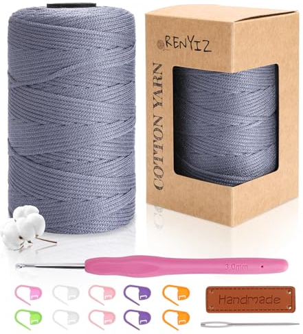 Renyiz Baumwolle Zum Häkeln Makramee Garn 2.5mm 250g 210m Baumwollgarn Mit 3mm Häkeln Häkelgarn für Taschen und Handwerksprojekte Geeignet für Anfänger Cotton Yarn