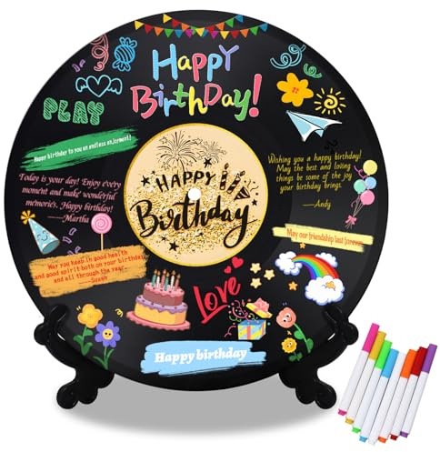 DEMIUKO Schwarze Geburtstagsdeko Vinyl Schallplatten Tischdeko Party Deko | Vinyl-Schallplatte mit Stiften, Disco Musik Gästebuch, Happy Birthday Deko, Geburtstag Geschenk für Junge Mädchen Mann Frauen