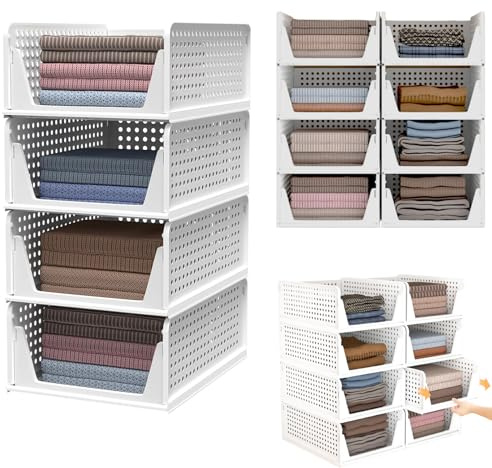 4 Pack Stackable & Foldable Wardrobe Storage Organiser, Inside Wardrobe Storage Basket, Plastic Wardrobe Shelves Closet Cupboard Organiser Boxes, Space-Saving & Easy to Clean Clothes Organizer Shelf