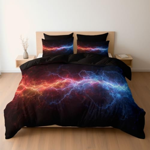 Generisch Bettwäsche Set 135 x 200 cm mit Kissenbezügen 1 x 80 x 80 Futuristisch Kunst Blitz Elektrisch Design, Mikrofaser Bettbezüge mit Reißverschluss, Weich und Bügelfrei, Schwarz