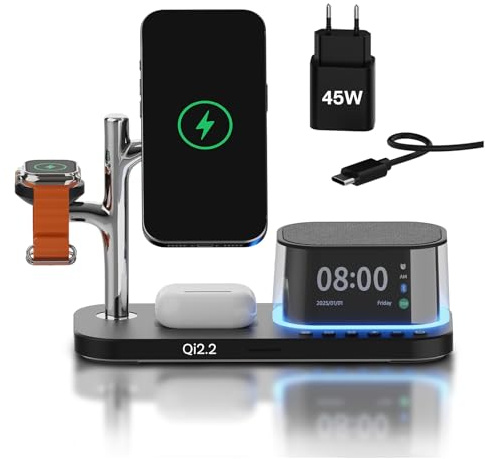 MMOBIEL Inductive Charging Station for iPhone, Apple Watch and AirPods - 5-in-1 Qi2.2 Wireless Station 25W for MagSafe – With Alarm Clock & Speaker - Includes 45W Adapter – Black