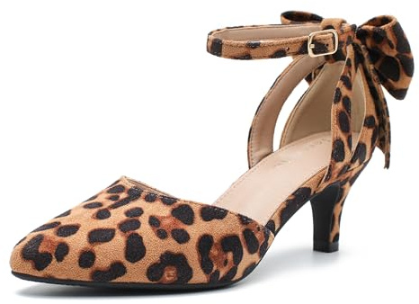 fereshte Women's Kitten Heel Pumps with Bow, Ankle Strap, Pointed Toe, Wedding Evening Dress Shoes