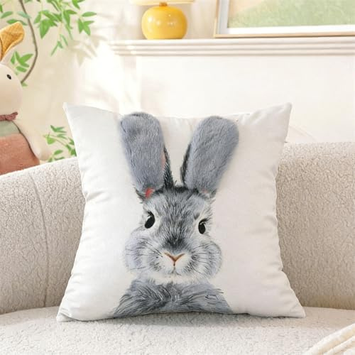 Herifam Kissenbezug Ostern 2 Stück, Osterdeko Kissenbezüge 45x45 cm, 3D Hasenohren Stickerei, Kissenhülle Zierkissenbezug für Wohnzimmer Sofa (Grau)