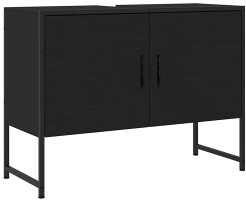 Foknhdi Meuble de lavabo noir 80 × 33 × 60 cm bois/métal, moderne, compact, idéal pour les petites salles de bains