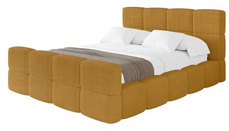ALTDECOR Polsterbett mit Bettkasten und Lattenrost, Bett mit Matratze H3/H4, Kopfteil, Boxbett, Doppelbett mit Stauraum - NATA-Z 200x200 Senfgelb
