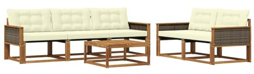 vidaXL Outdoor-Sofagarnitur mit Kissen 6 pcs Natur und Creme, Garten-Sofa, modernes Ecksofa, Robustes Loungemöbel, stilvolle Terrasse, Bequeme Sitzgruppe