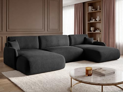 KP-Meble U-Form Wohnlandschaft mit Schlaffunktion 357x175 cm, Cordstoff – Großes Schlafsofa mit Bettkasten, Moderne Couch mit Stauraum NIVO (Poso 34)
