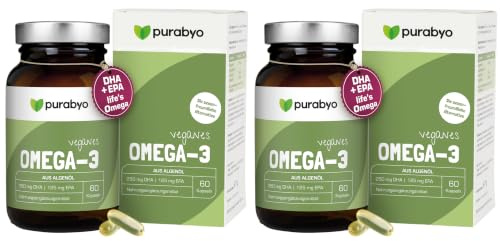 Algenöl OMEGA 3 Vegan | im Glas | Nur 1 Kapsel täglich | Zwei-Monatsversorgung | hochdosiert | Hoher EPA Gehalt | 250 mg DHA und 125 mg EPA | vegan | laborgeprüft (Packung mit 2)