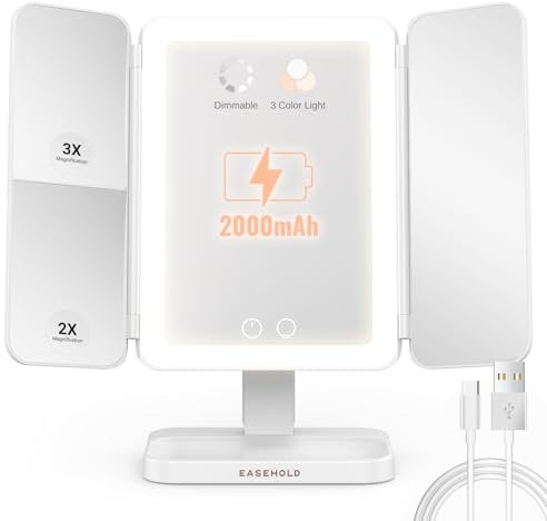 EASEHOLD Rechargeable Lighted Vanity Makeup Mirror, 2X/3X Magnifying with 64 pcs Led, 3 Color Light Modes Trifold Beauty Mirror, Adjustable