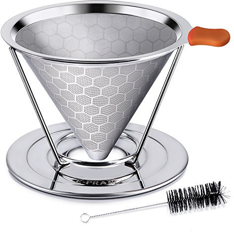 E-PRANCE Edelstahl-Kaffeefilter, wiederverwendbarer Pour Over Coffee Filter Cone Coffee Dripper mit abnehmbarem Becherständer und Bonus Bürste