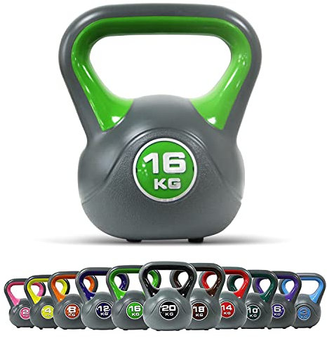 Kettlebell Kunststoff 2-20 kg inkl. Workout I Kugelhantel in versch. Farben und Gewichten I Bodenschonende Schwunghantel (16 kg - Hellgrün)